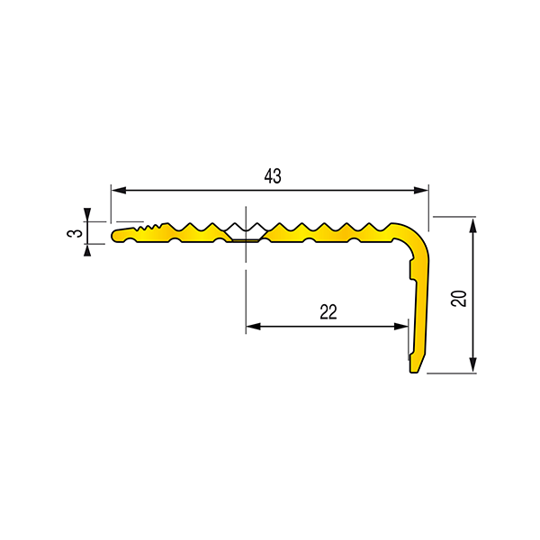 Nez de marche strié 43V laiton 43x20mm - 3,00 m à visser